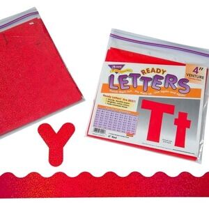 Trend Enterprises Red 4" Teacher Bulletin Board Ready Letters‎ & Metallic Border